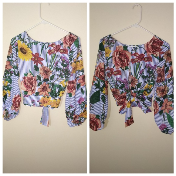 Jeuvre women's blue and white  floral striped crop blouse with open back - Picture 3 of 9